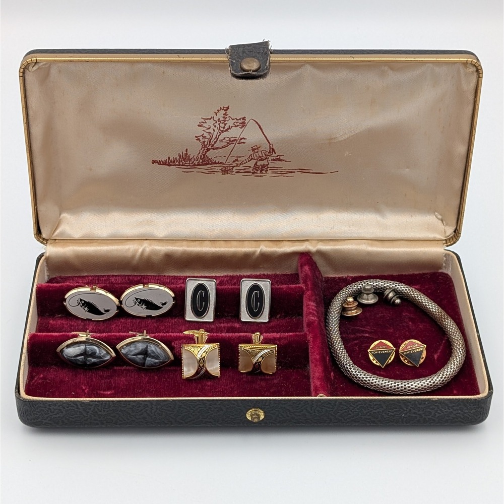 VTG Hickok Men's Jewelry Box Marlin Fishing Cufflinks Pins Mesh Bracelet Lot